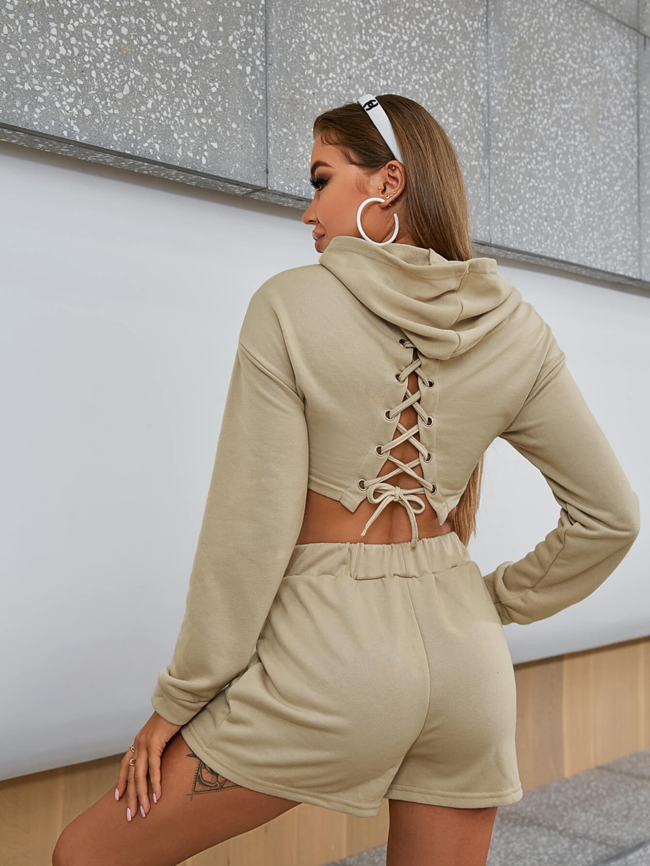 Lace-Up Cropped Hoodie and Shorts Set - Love culture store