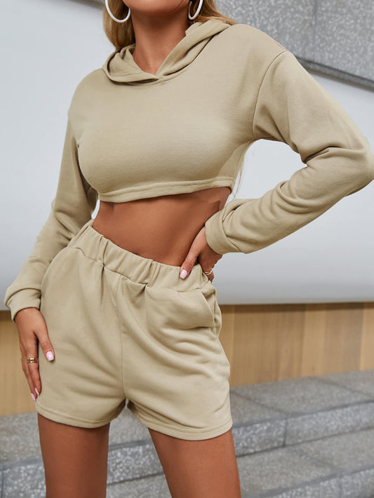 Lace-Up Cropped Hoodie and Shorts Set - Love culture store