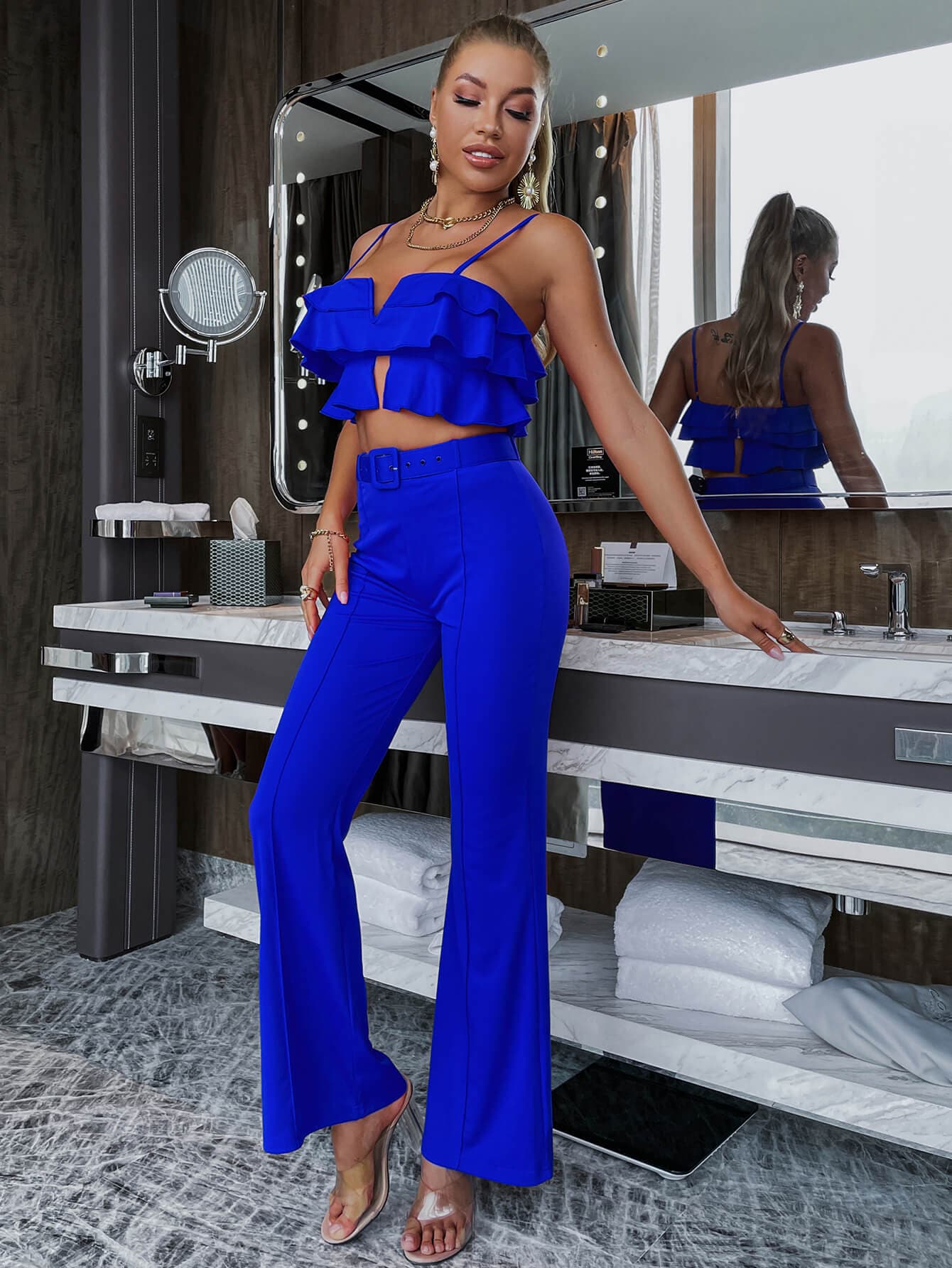 Layered Cami and Belted Flared Pants Set - Love culture store