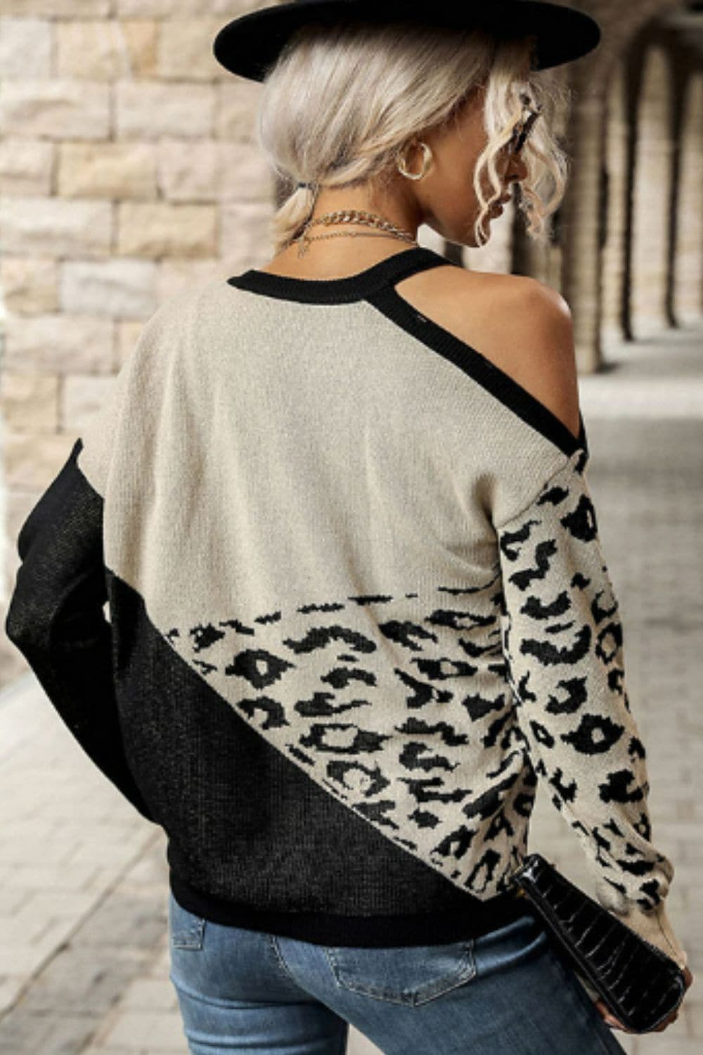 Leopard Color Block Cold-Shoulder Sweater - Love culture store