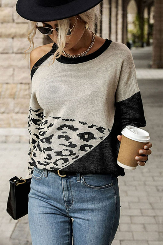 Leopard Color Block Cold-Shoulder Sweater - Love culture store