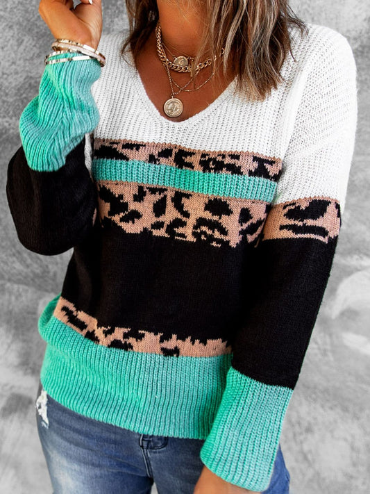 Leopard Color Block V-Neck Rib-Knit Sweater - Love culture store