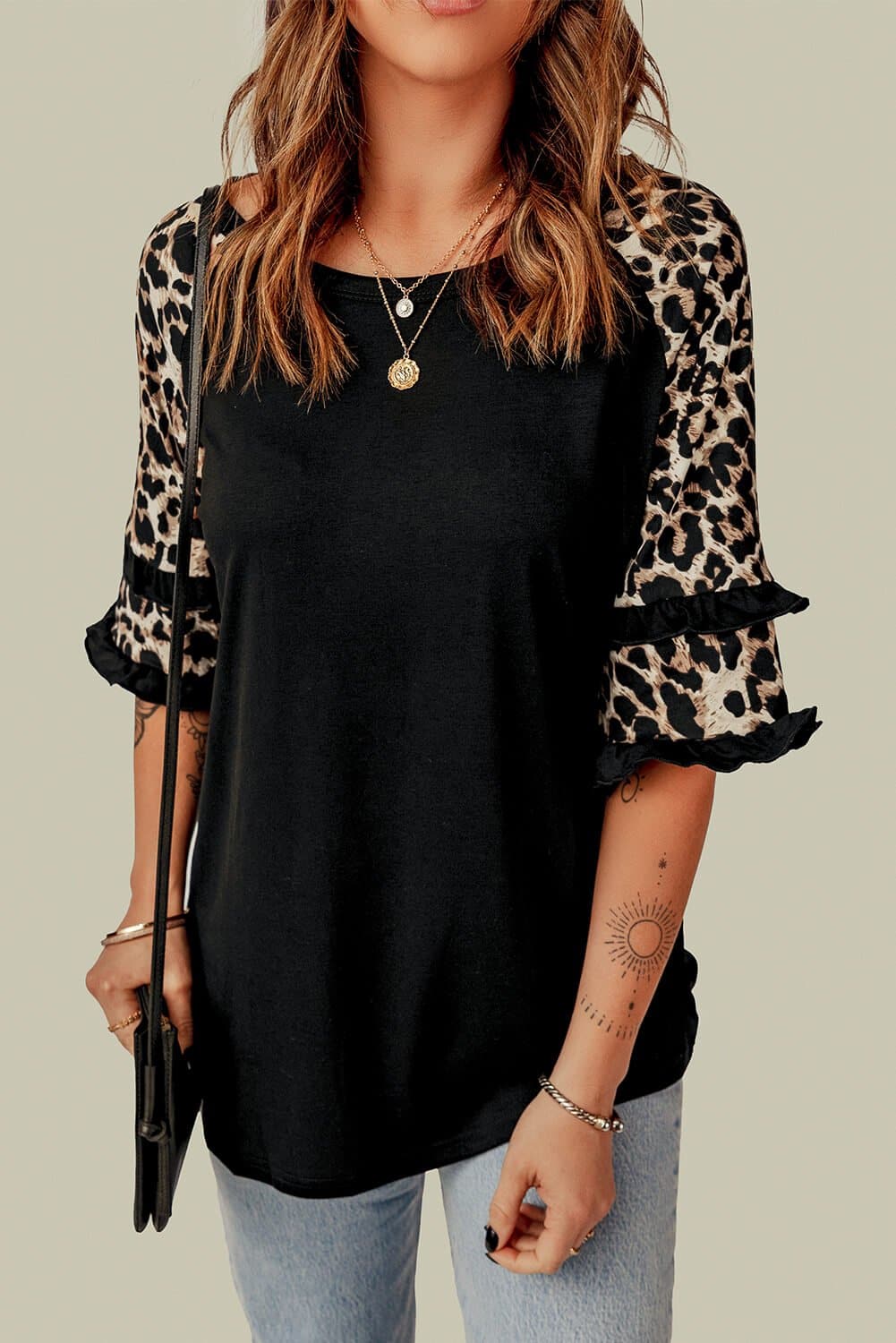 Leopard Contrast Ruffled Top - Love culture store