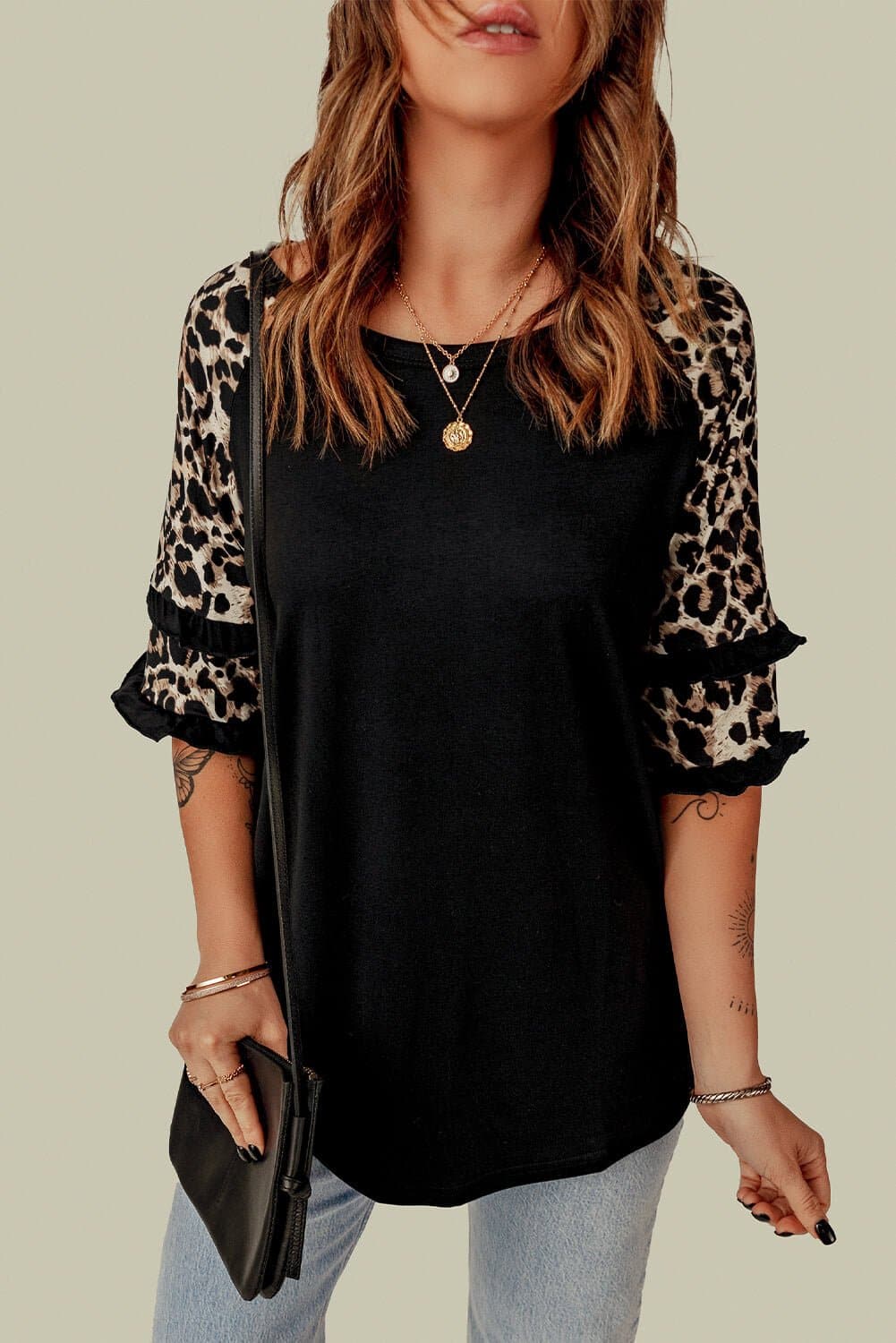 Leopard Contrast Ruffled Top - Love culture store