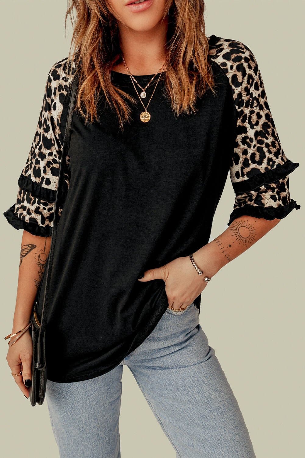 Leopard Contrast Ruffled Top - Love culture store