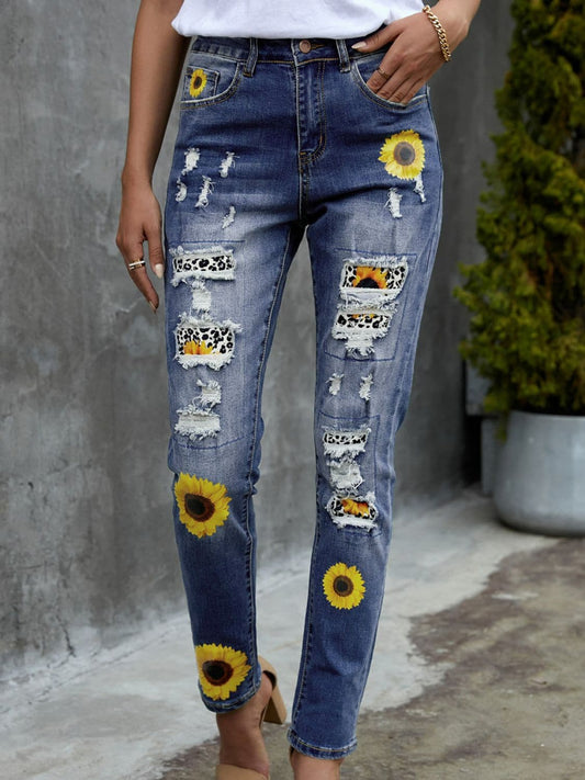 Leopard Patchwork Sunflower Print Distressed High Waist Jeans - Love culture store