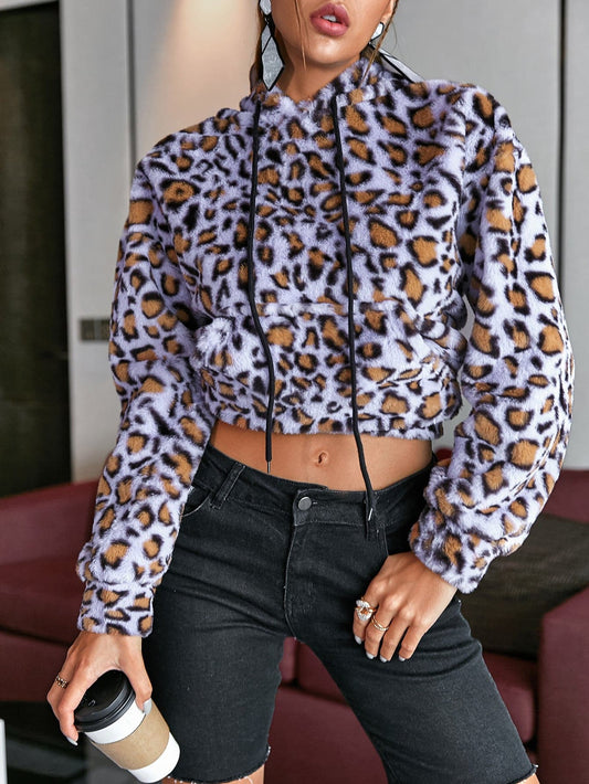 Leopard Print Drawstring Cropped Fleece Hoodie - Love culture store