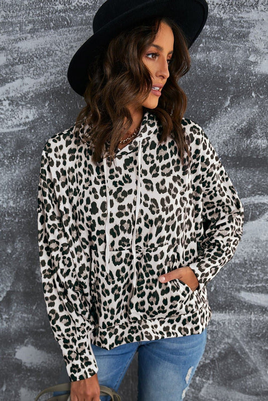 Leopard Print Drawstring Hoodie with Kangaroo Pocket - Love culture store