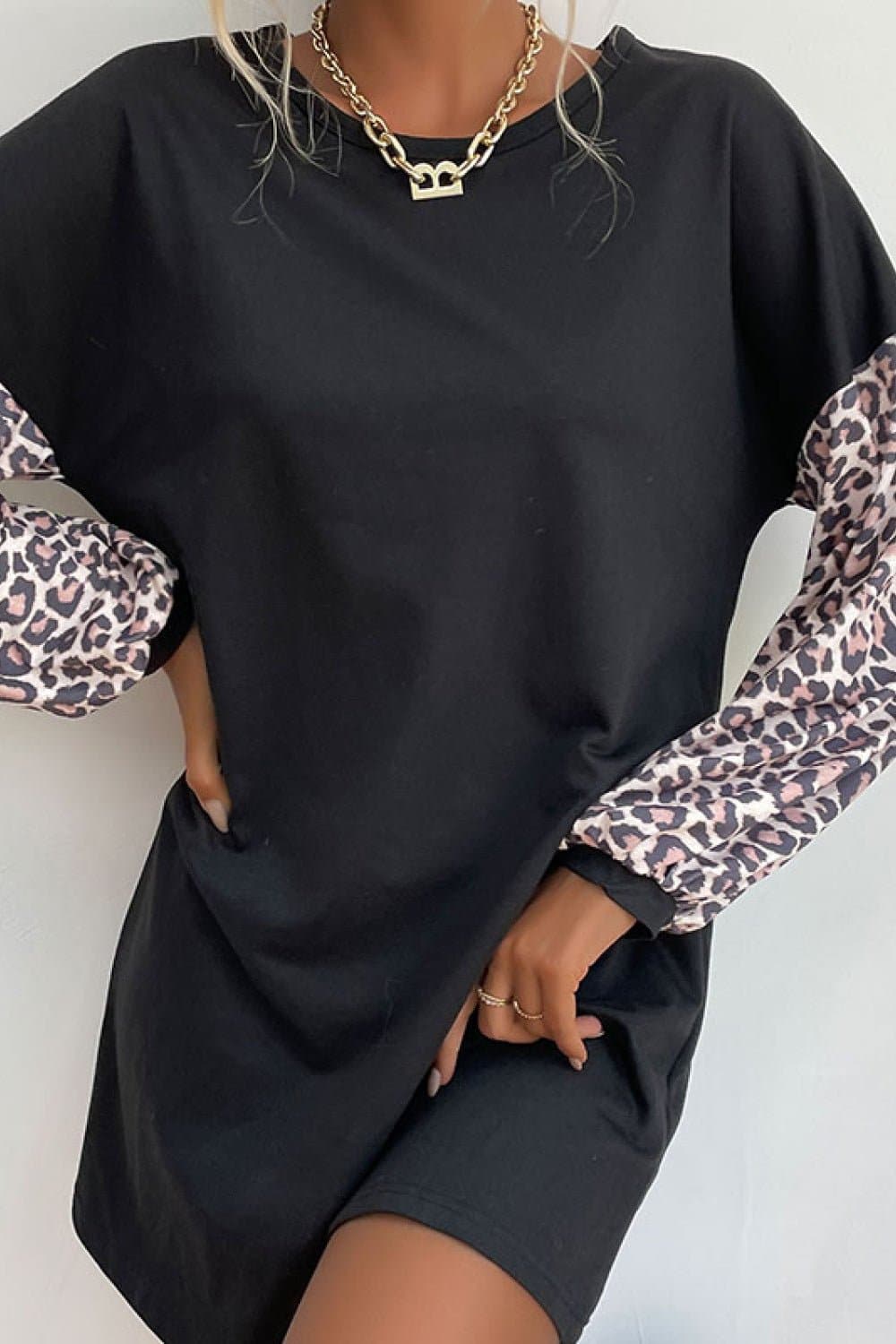 Leopard Print Sleeve Sweatshirt Dress - Love culture store