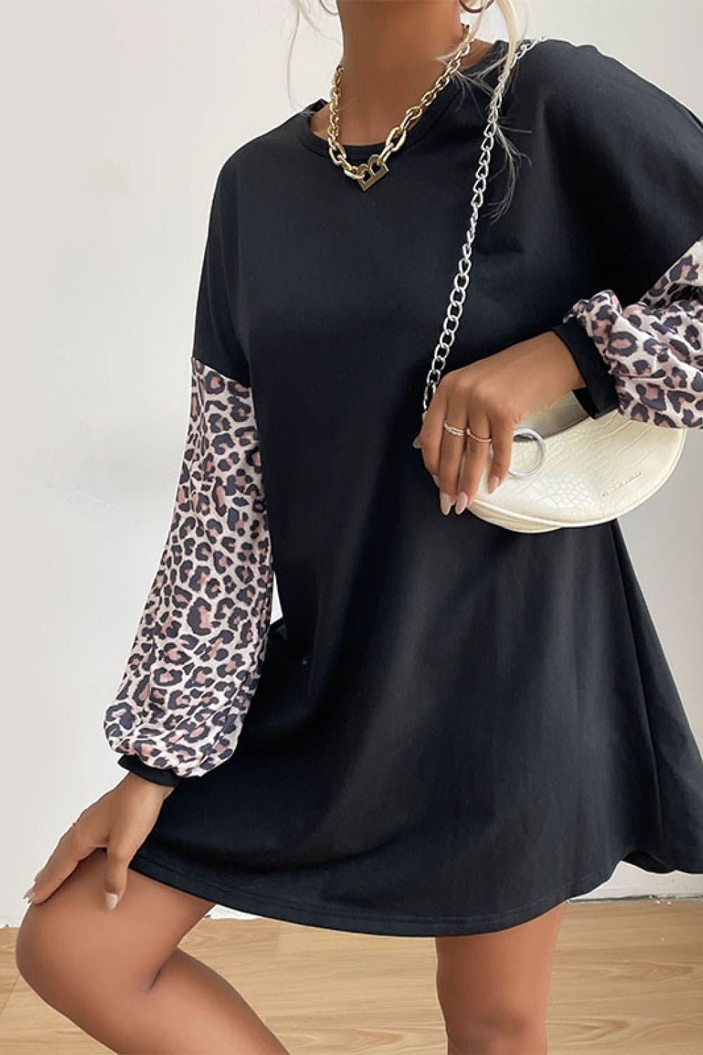 Leopard Print Sleeve Sweatshirt Dress - Love culture store