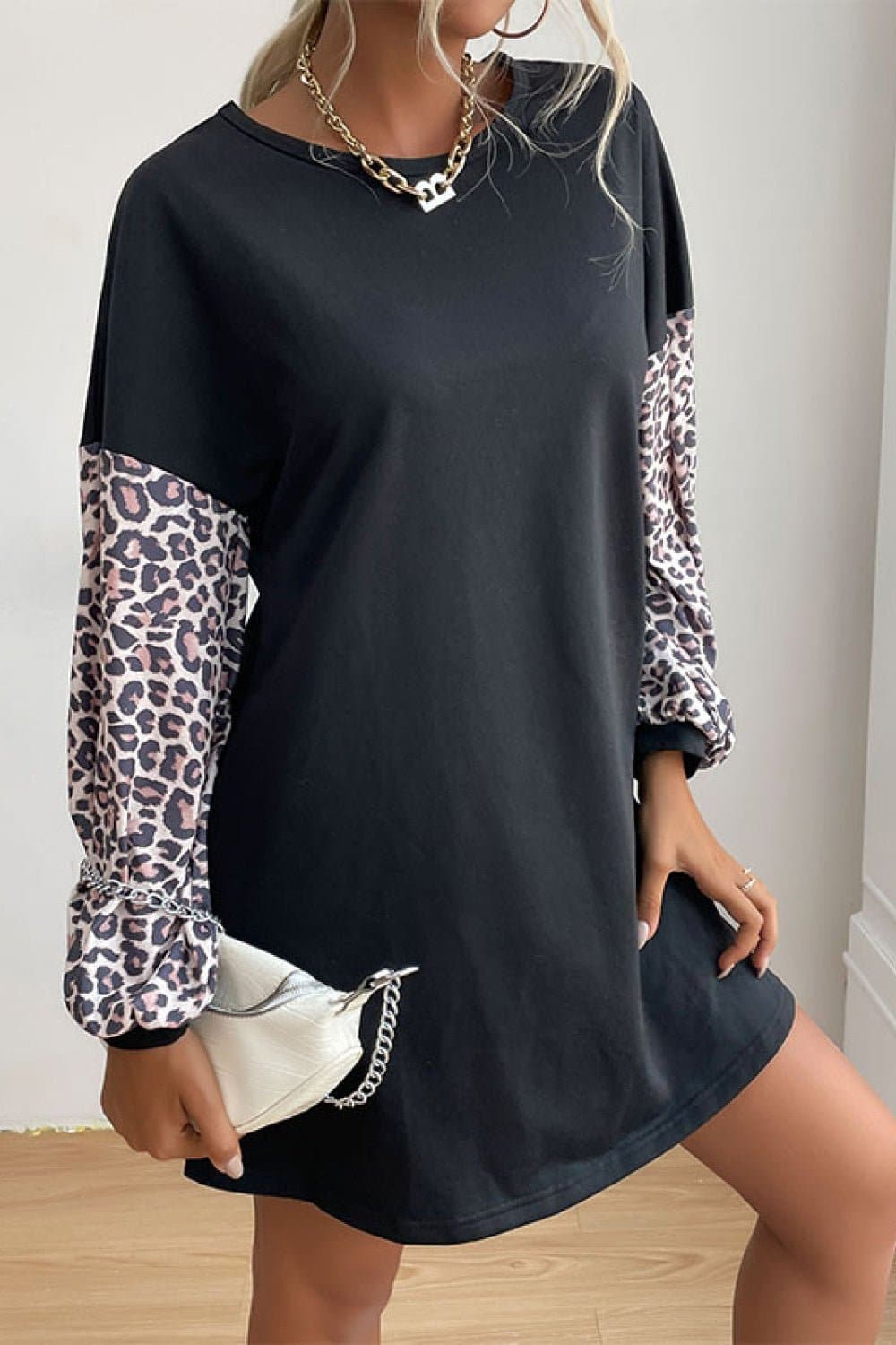 Leopard Print Sleeve Sweatshirt Dress - Love culture store