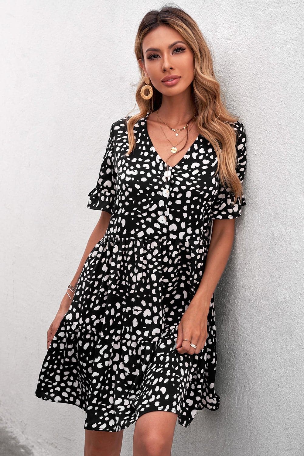 Leopard Ruffled Dress with Buttons - Love culture store