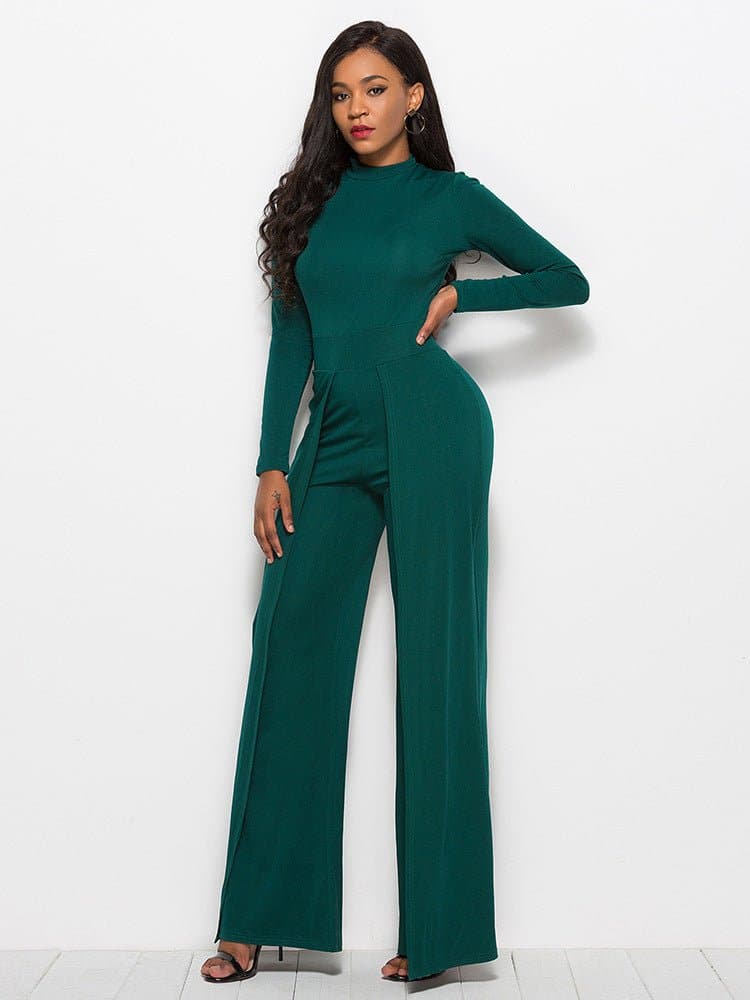 Long Sleeve Mock Neck Wide Leg Jumpsuit - Love culture store