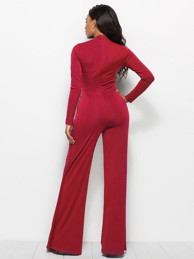 Long Sleeve Mock Neck Wide Leg Jumpsuit - Love culture store