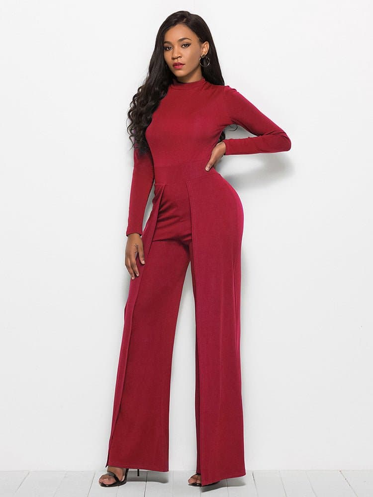 Long Sleeve Mock Neck Wide Leg Jumpsuit - Love culture store