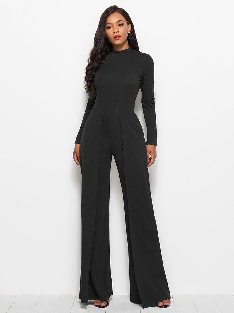 Long Sleeve Mock Neck Wide Leg Jumpsuit - Love culture store