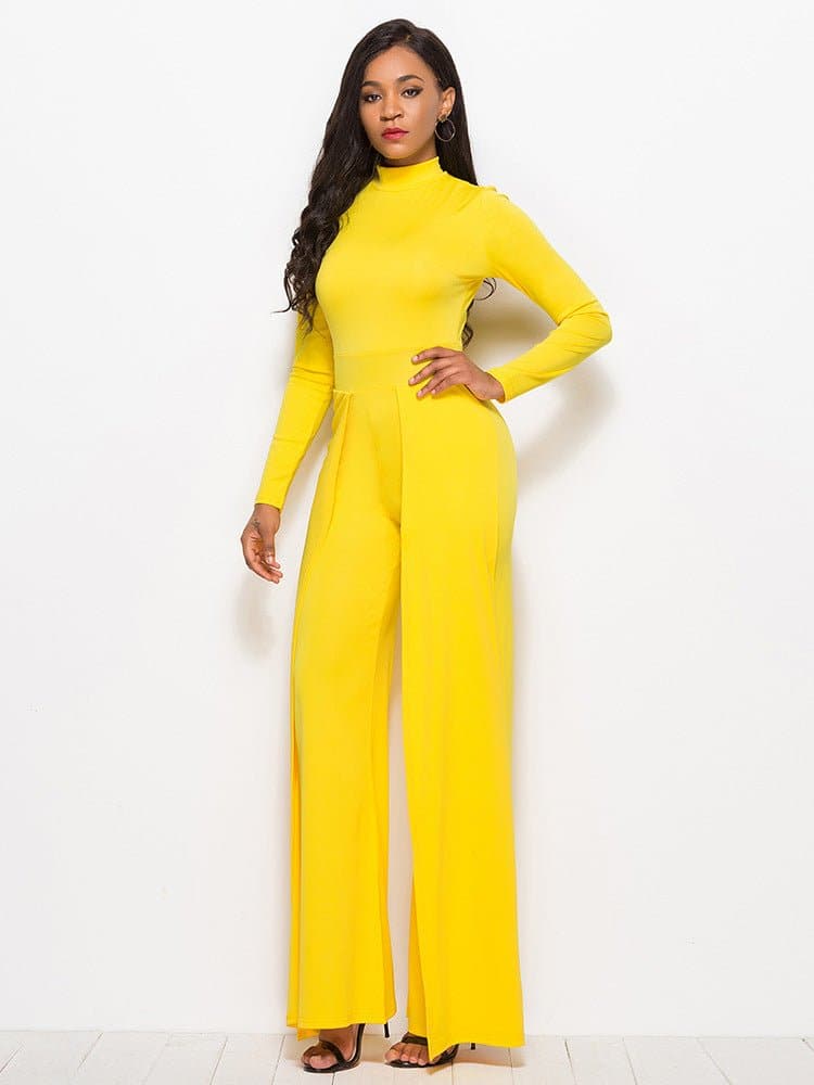 Long Sleeve Mock Neck Wide Leg Jumpsuit - Love culture store