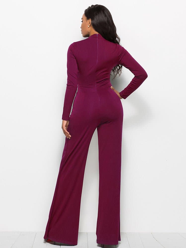 Long Sleeve Mock Neck Wide Leg Jumpsuit - Love culture store