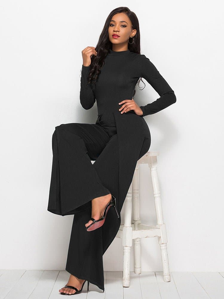 Long Sleeve Mock Neck Wide Leg Jumpsuit - Love culture store