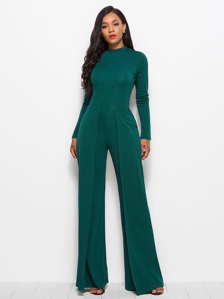 Long Sleeve Mock Neck Wide Leg Jumpsuit - Love culture store