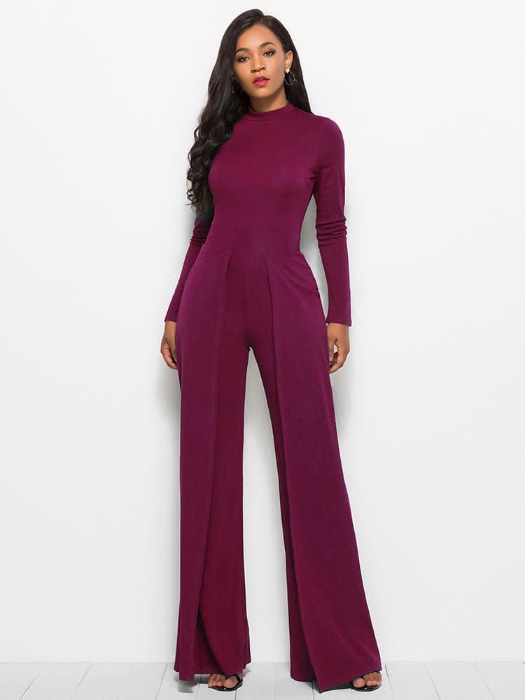 Long Sleeve Mock Neck Wide Leg Jumpsuit - Love culture store