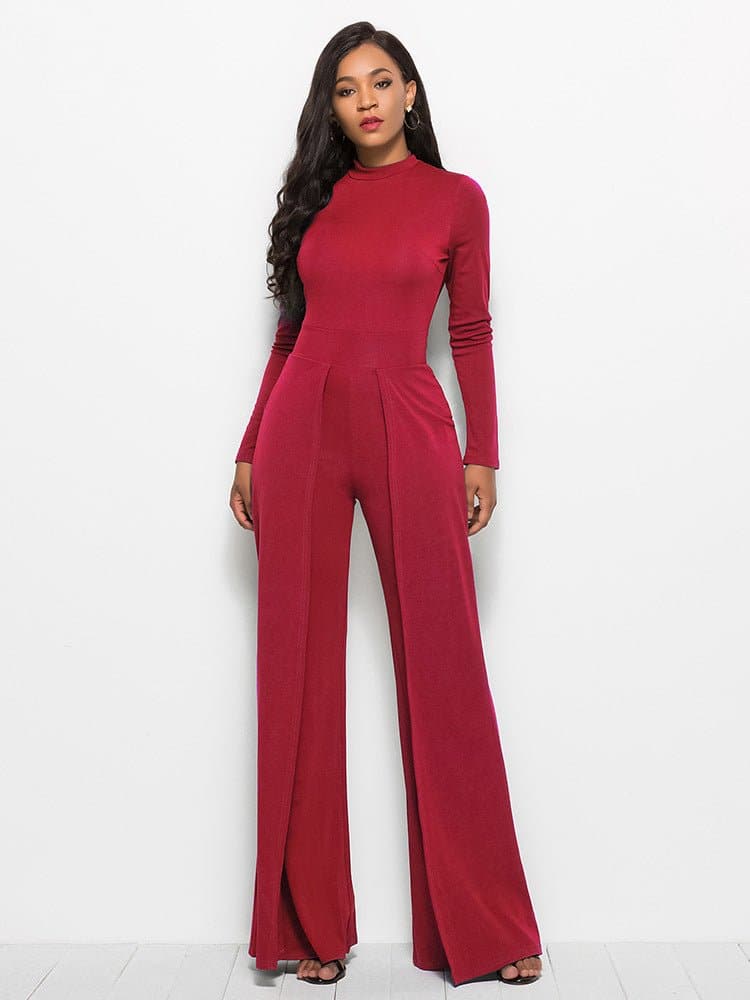 Long Sleeve Mock Neck Wide Leg Jumpsuit - Love culture store