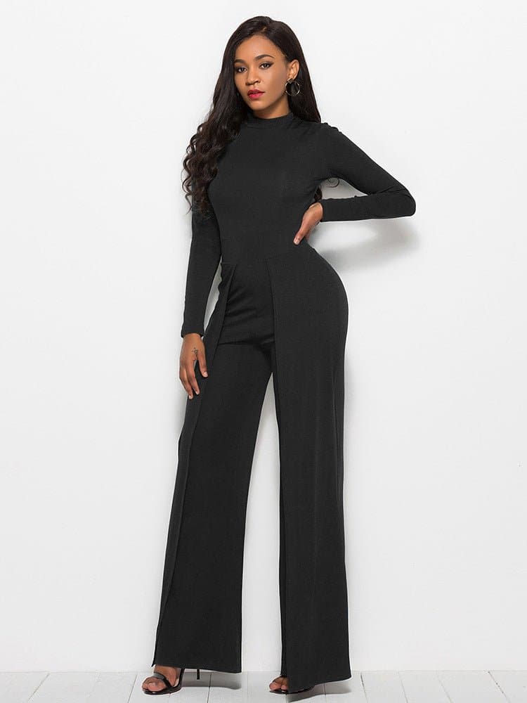 Long Sleeve Mock Neck Wide Leg Jumpsuit - Love culture store