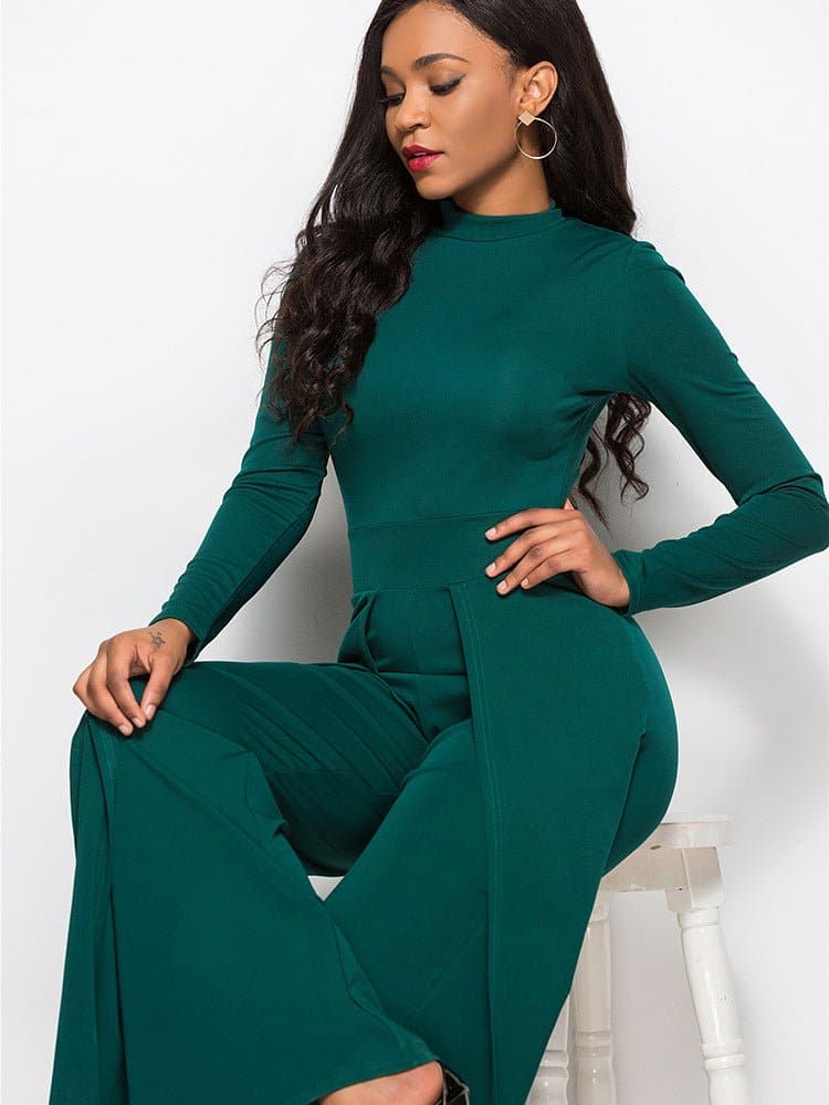 Long Sleeve Mock Neck Wide Leg Jumpsuit - Love culture store