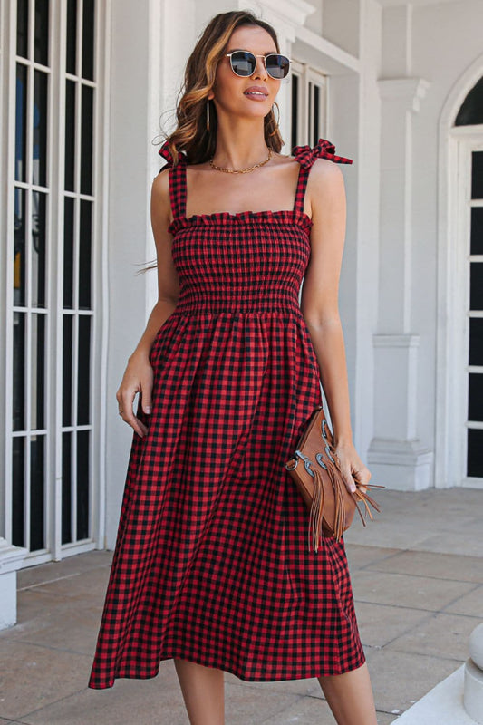 Plaid Frill Trim Tie Shoulder Dress - Love culture store