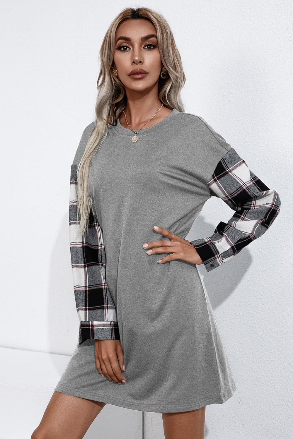 Plaid Sleeve Contrast T-Shirt Dress - Love culture store