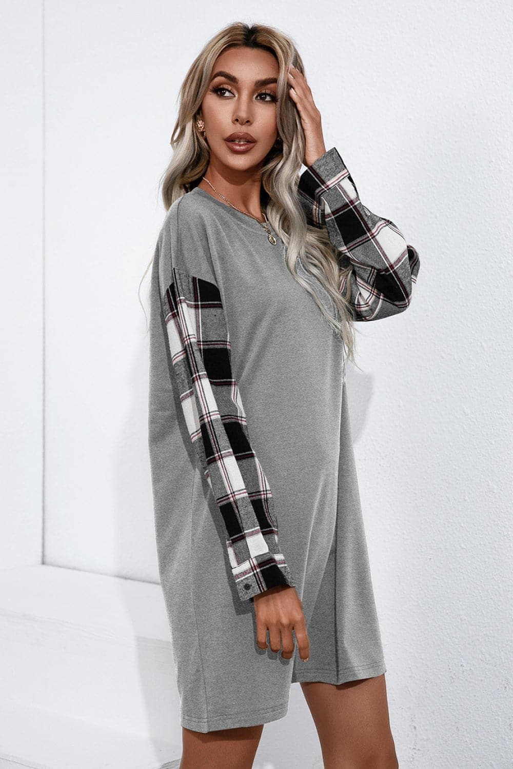 Plaid Sleeve Contrast T-Shirt Dress - Love culture store