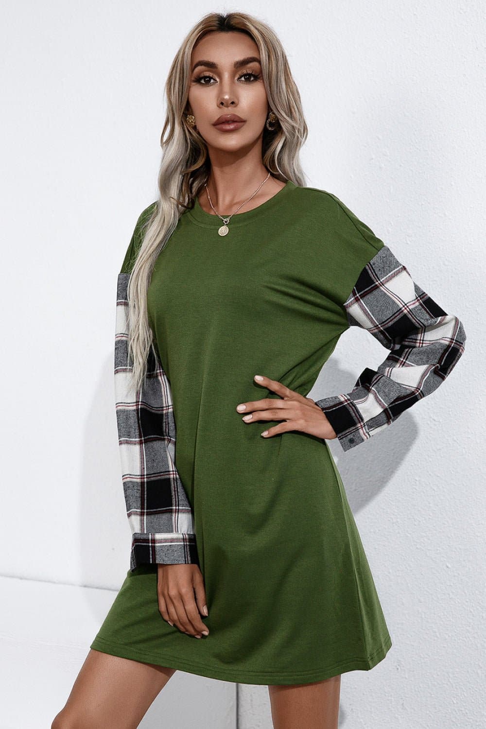 Plaid Sleeve Contrast T-Shirt Dress - Love culture store