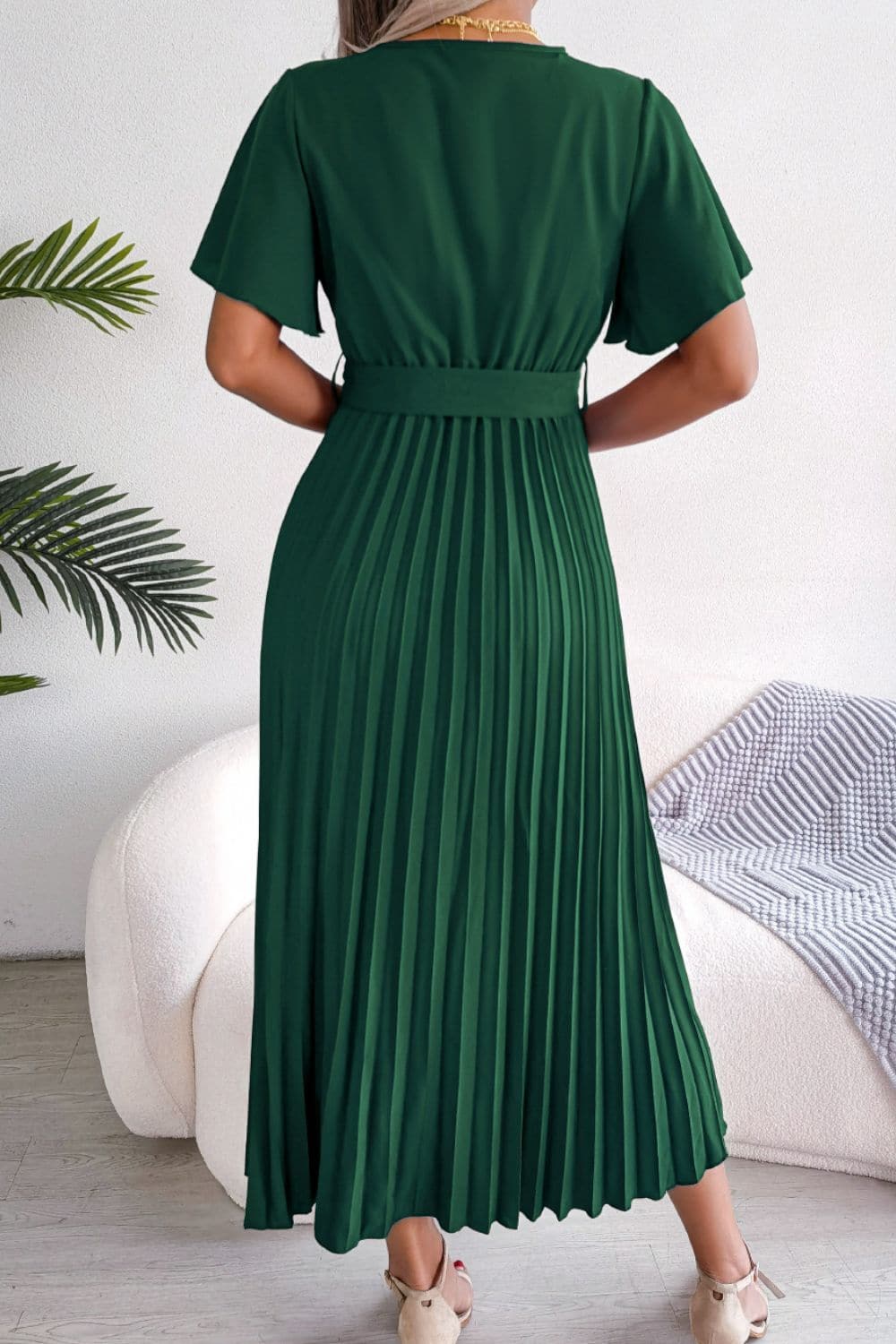 Pleated Flutter Sleeve Belted Dress - Love culture store