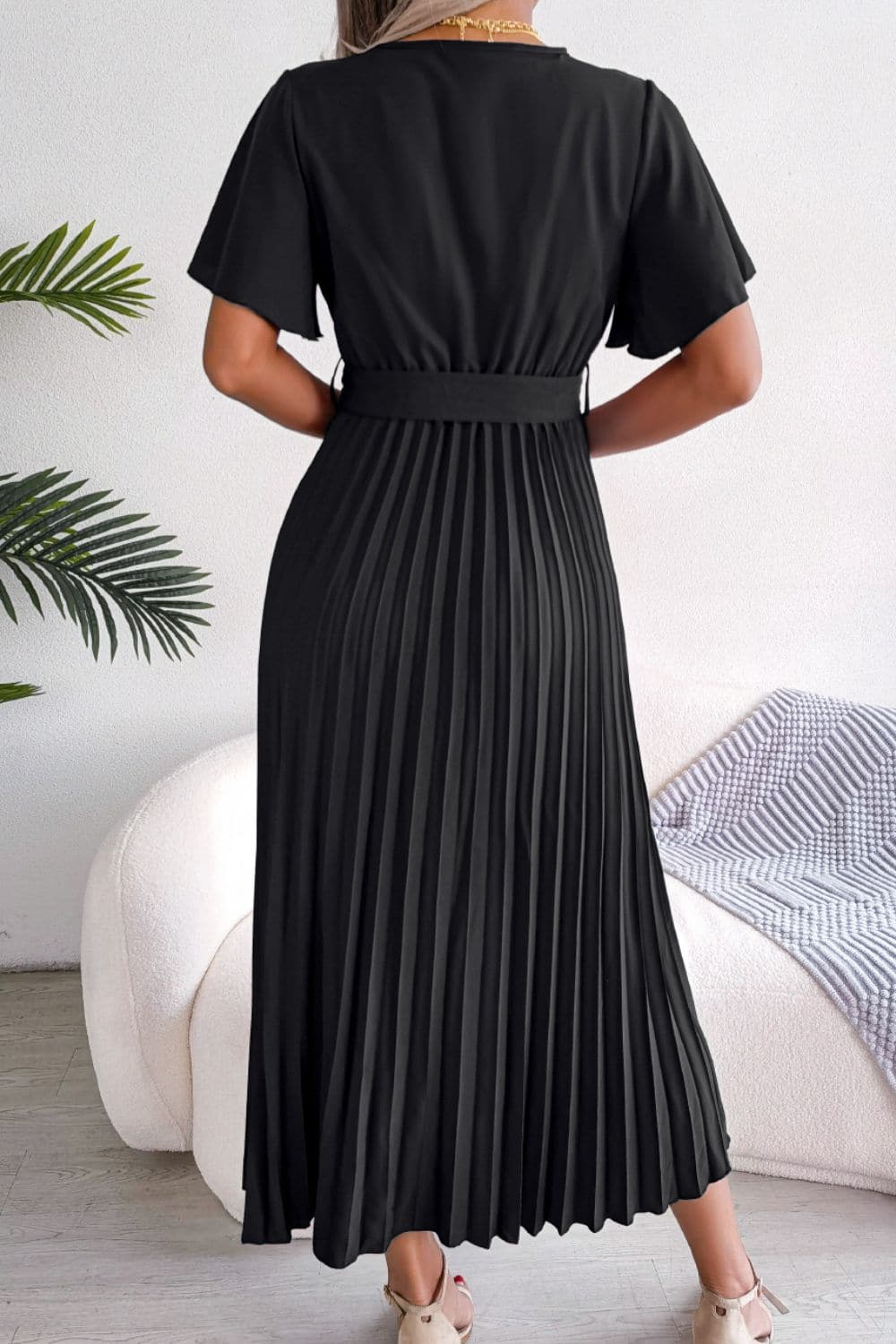 Pleated Flutter Sleeve Belted Dress - Love culture store