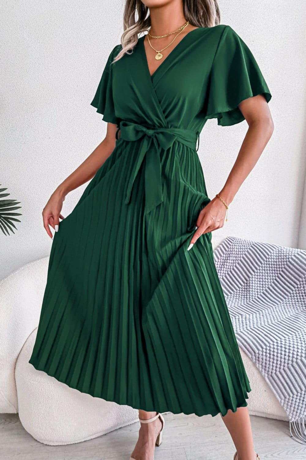 Pleated Flutter Sleeve Belted Dress - Love culture store