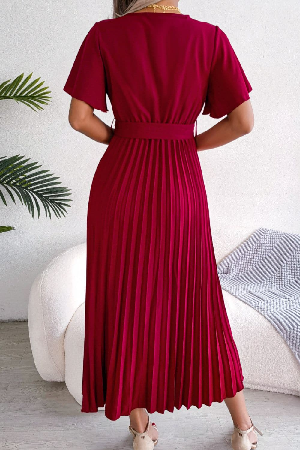 Pleated Flutter Sleeve Belted Dress - Love culture store