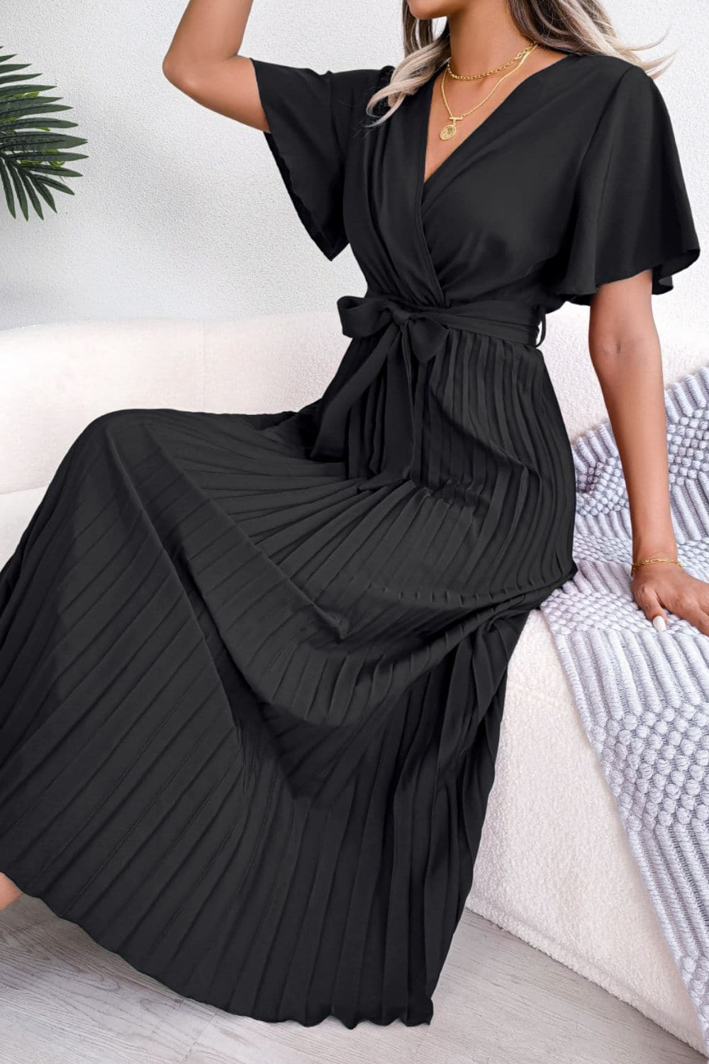 Pleated Flutter Sleeve Belted Dress - Love culture store