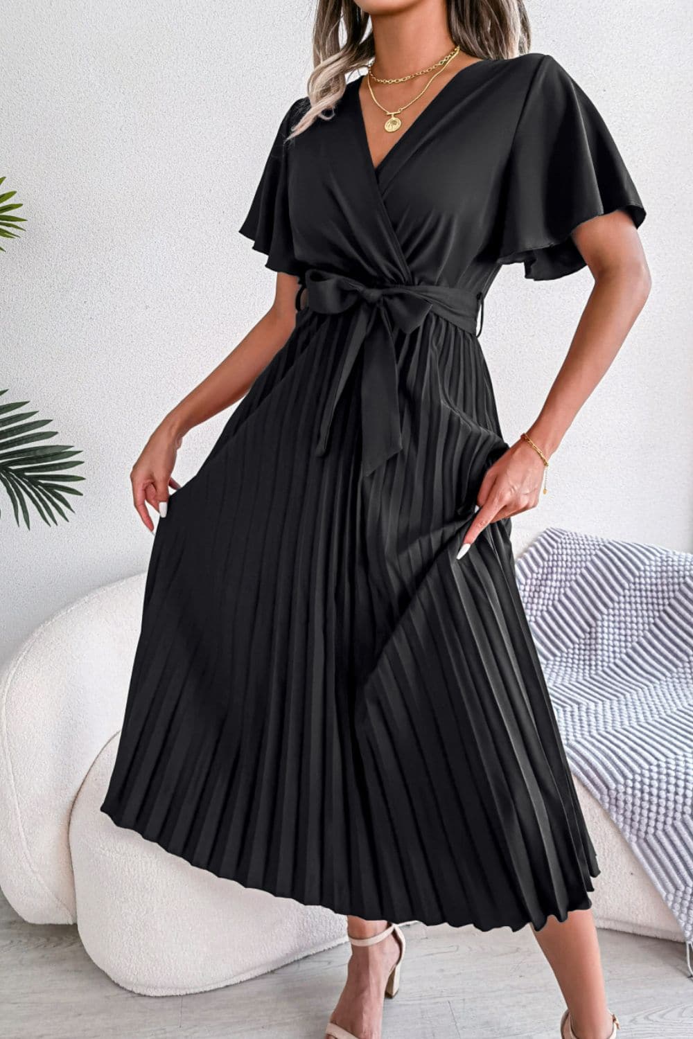 Pleated Flutter Sleeve Belted Dress - Love culture store