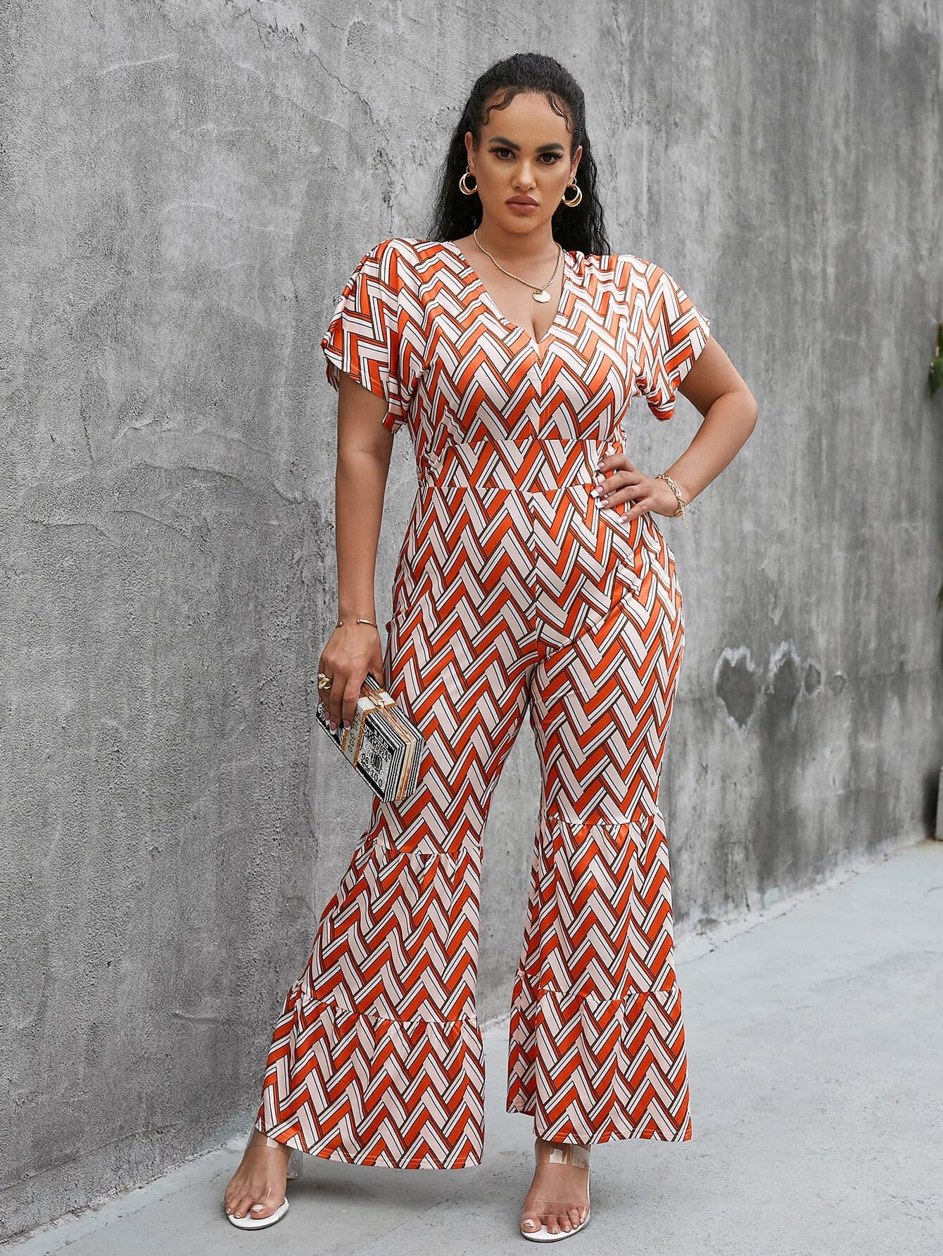Plus Size Chevron Stripe Short Sleeve Jumpsuit - Love culture store