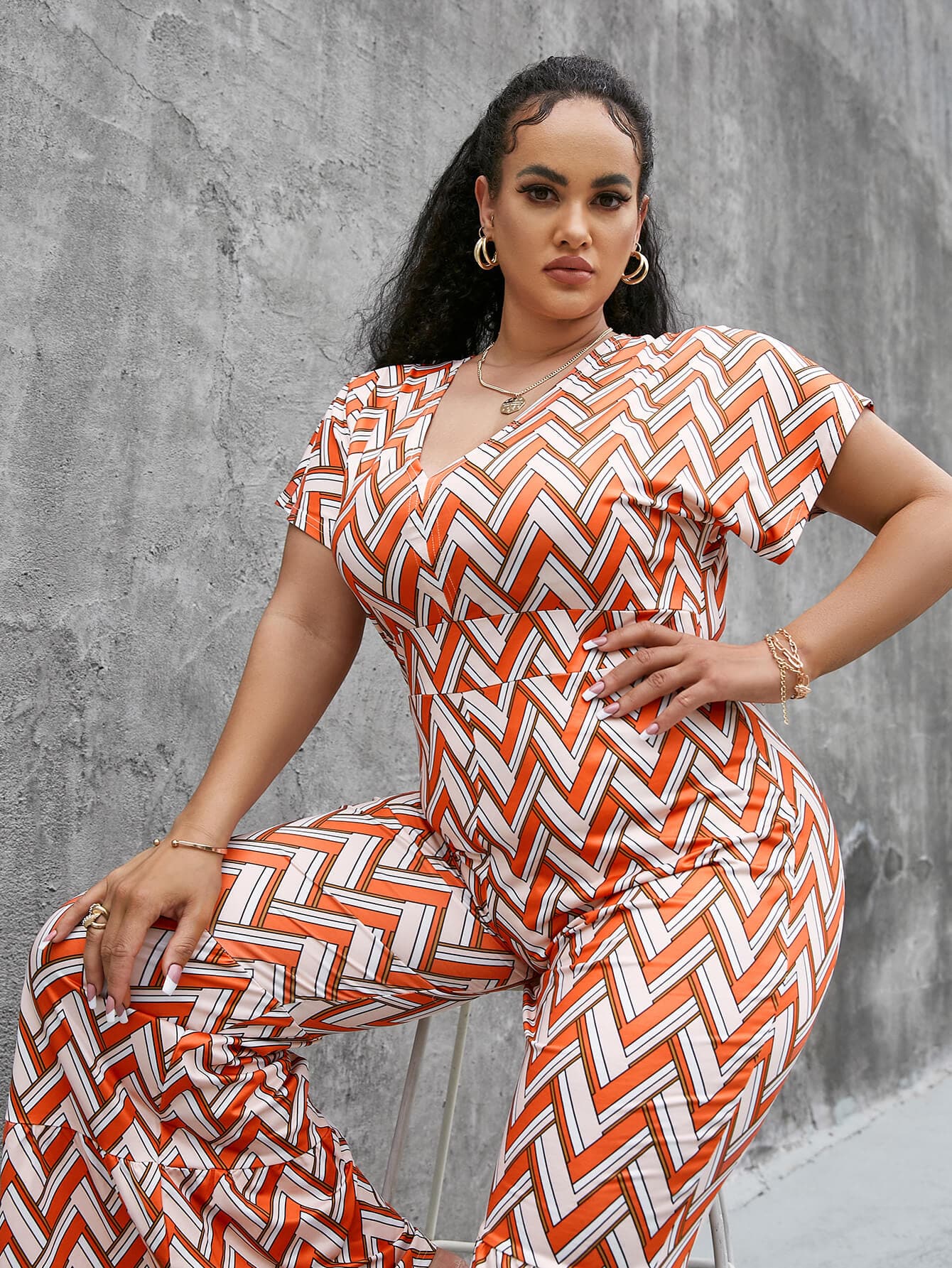 Plus Size Chevron Stripe Short Sleeve Jumpsuit - Love culture store