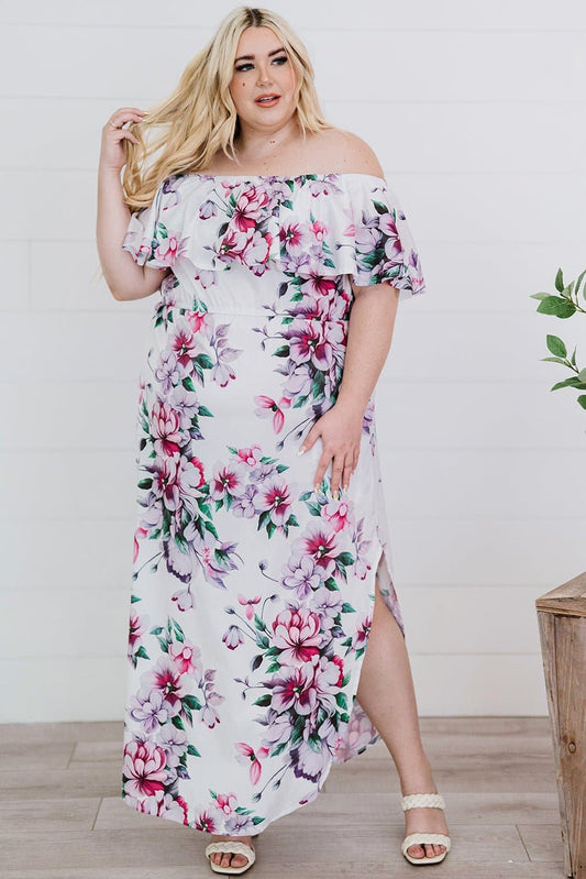 Plus Size Floral Off-Shoulder Side Slit Layered Dress - Love culture store