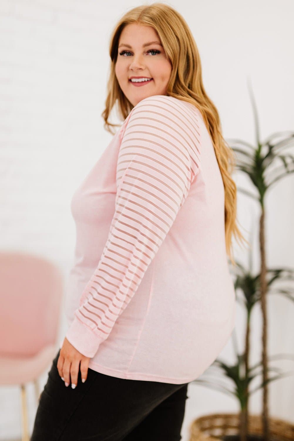 Plus Size Sheer Striped Sleeve V-Neck Top - Love culture store