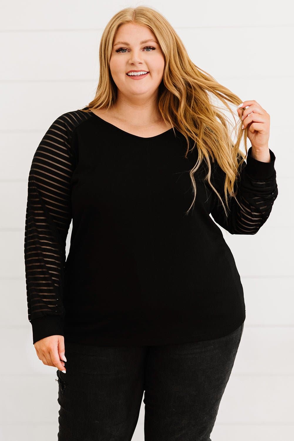 Plus Size Sheer Striped Sleeve V-Neck Top - Love culture store