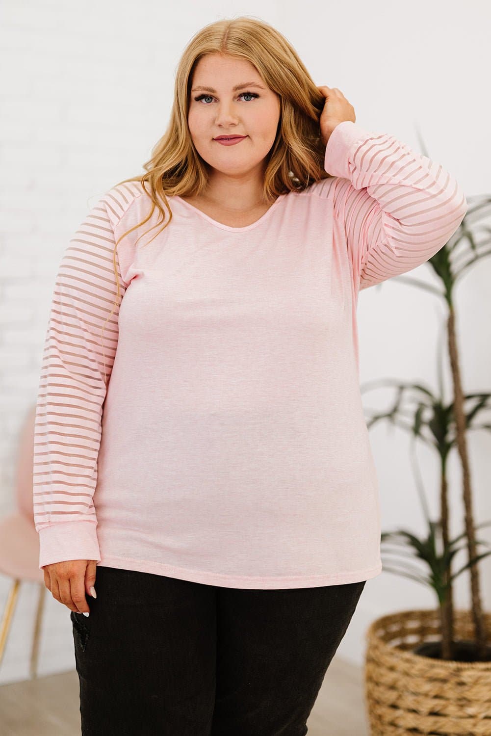 Plus Size Sheer Striped Sleeve V-Neck Top - Love culture store