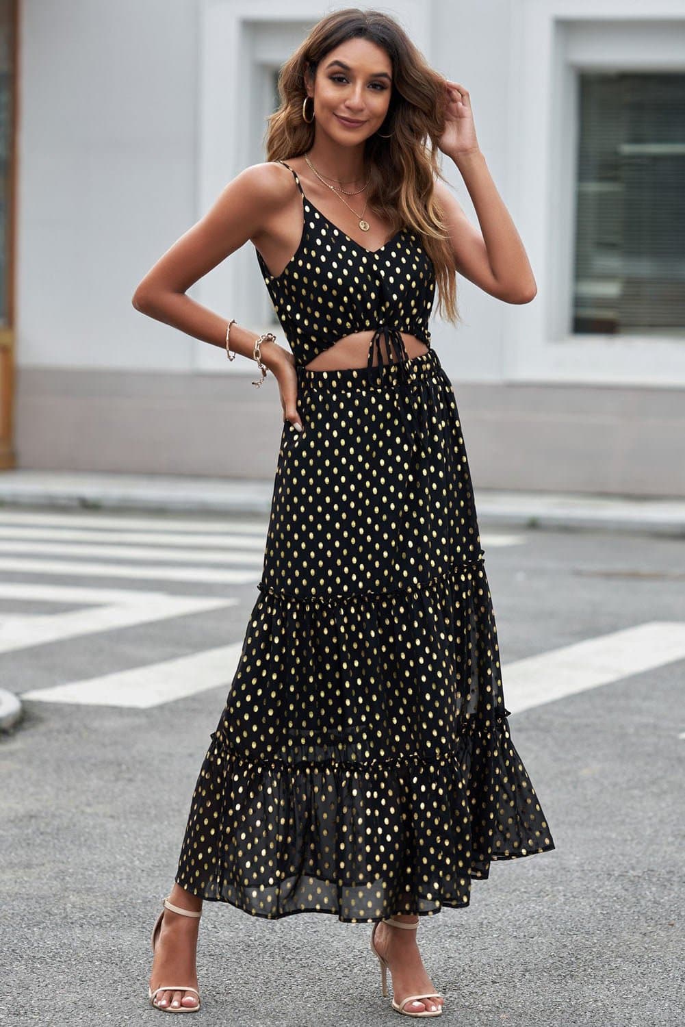 Polka Dot Cutout Spaghetti Strap Tiered Maxi Dress - Love culture store