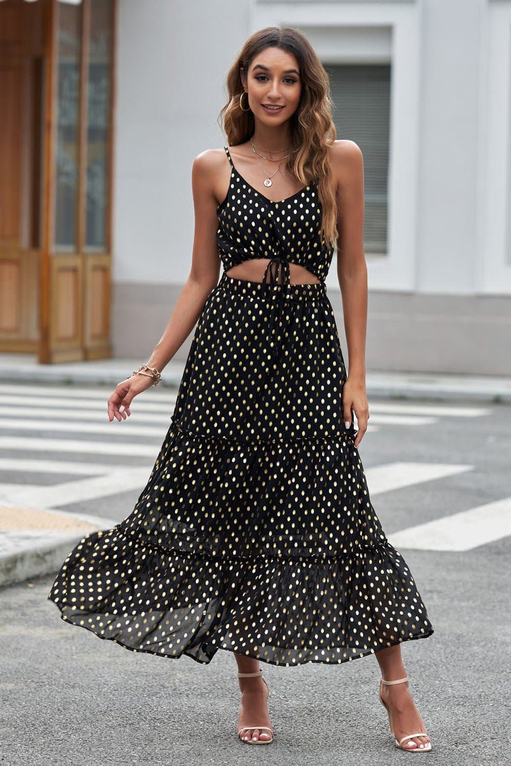 Polka Dot Cutout Spaghetti Strap Tiered Maxi Dress - Love culture store