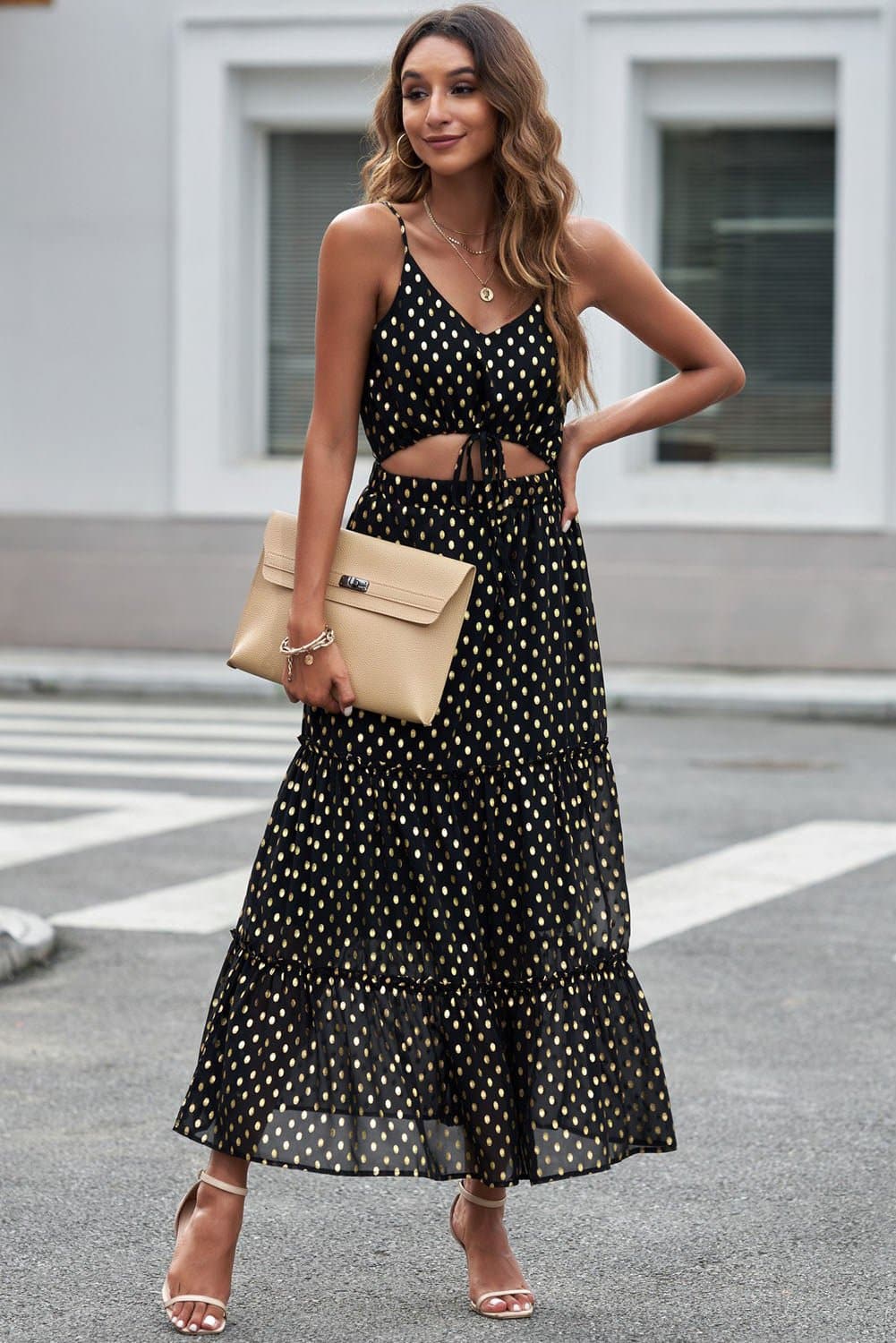 Polka Dot Cutout Spaghetti Strap Tiered Maxi Dress - Love culture store