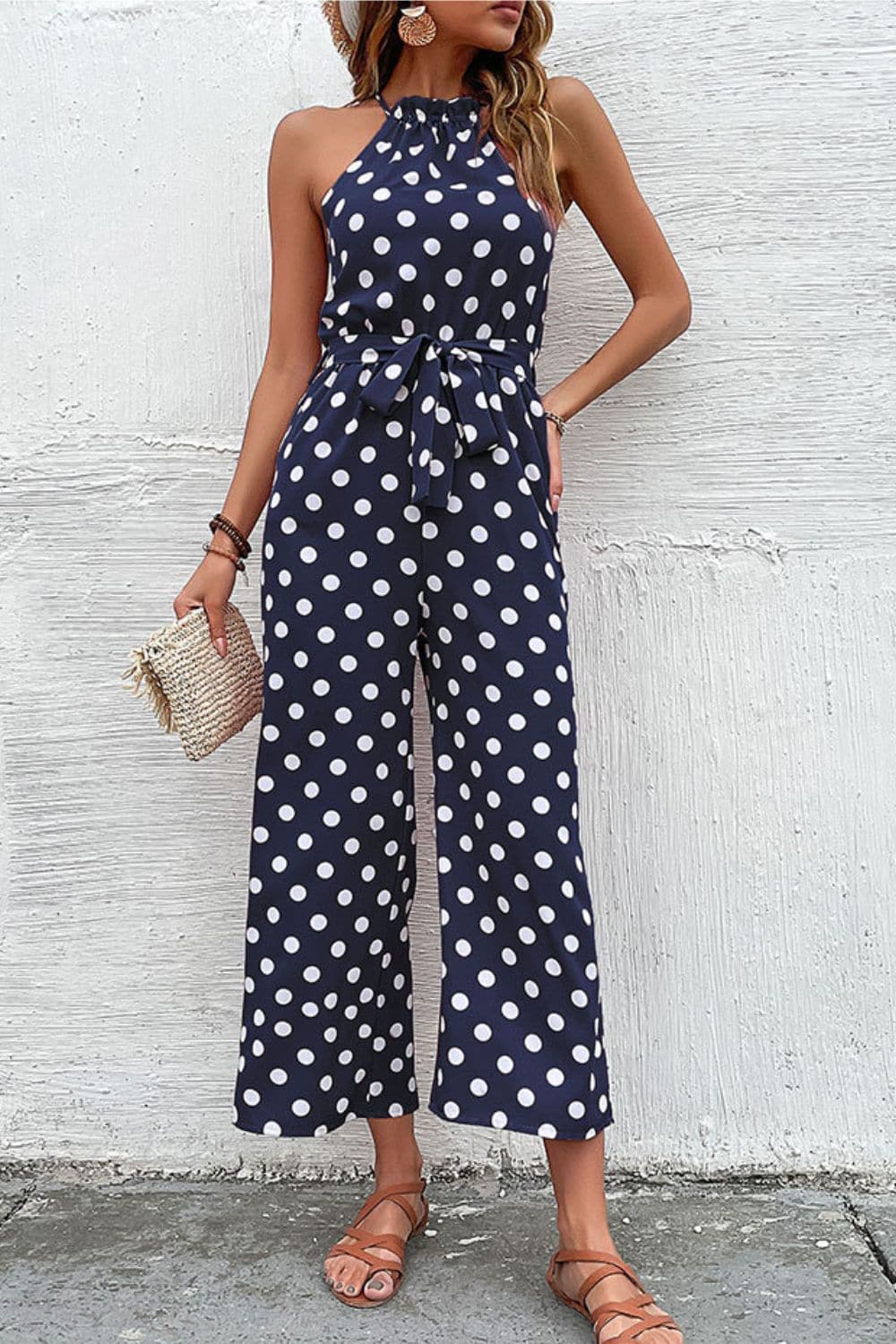 Polka Dot Grecian Wide Leg Jumpsuit - Love culture store