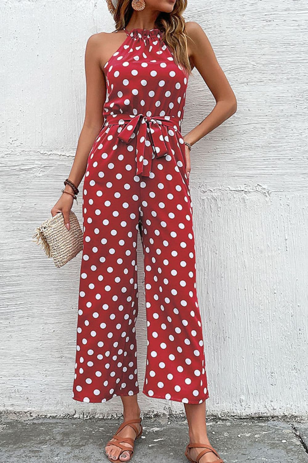 Polka Dot Grecian Wide Leg Jumpsuit - Love culture store