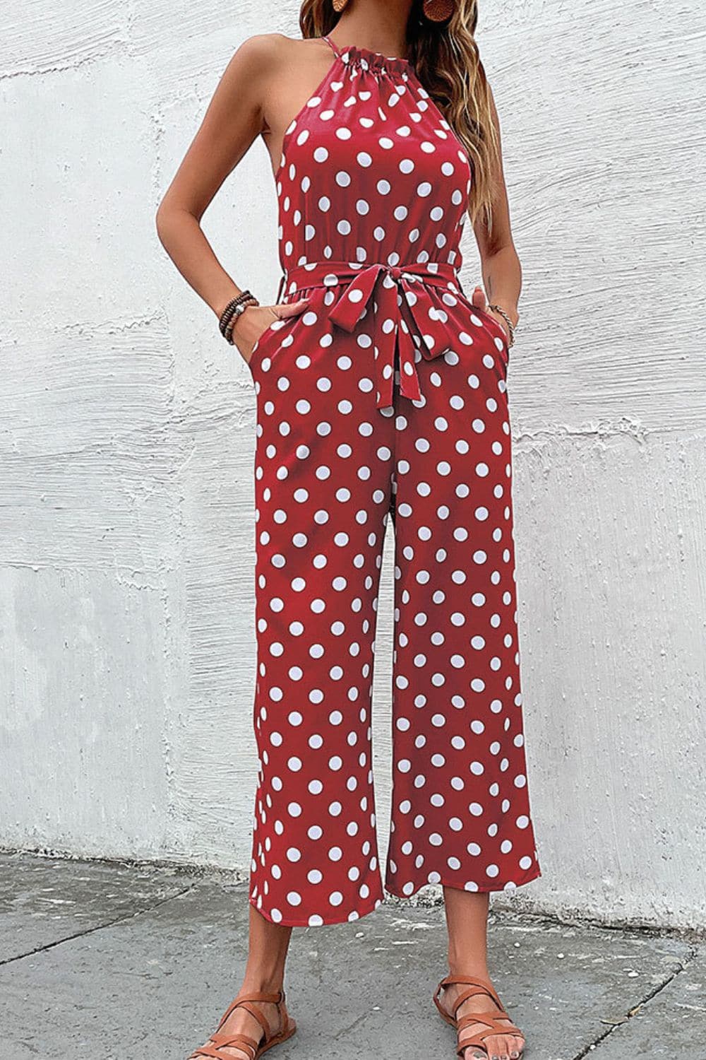 Polka Dot Grecian Wide Leg Jumpsuit - Love culture store